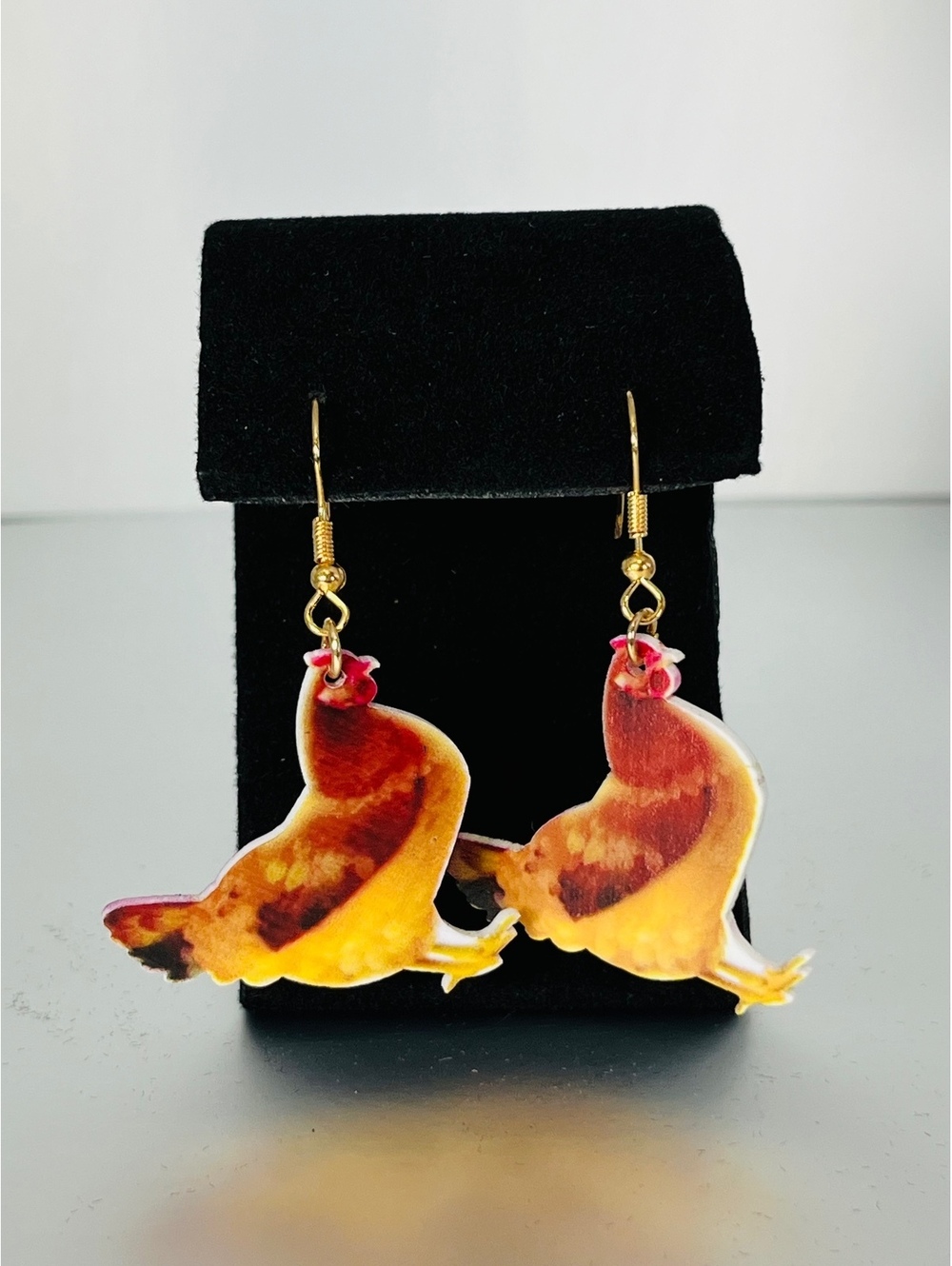 Unique Chicken Dangle Earrings with Gold Hooks